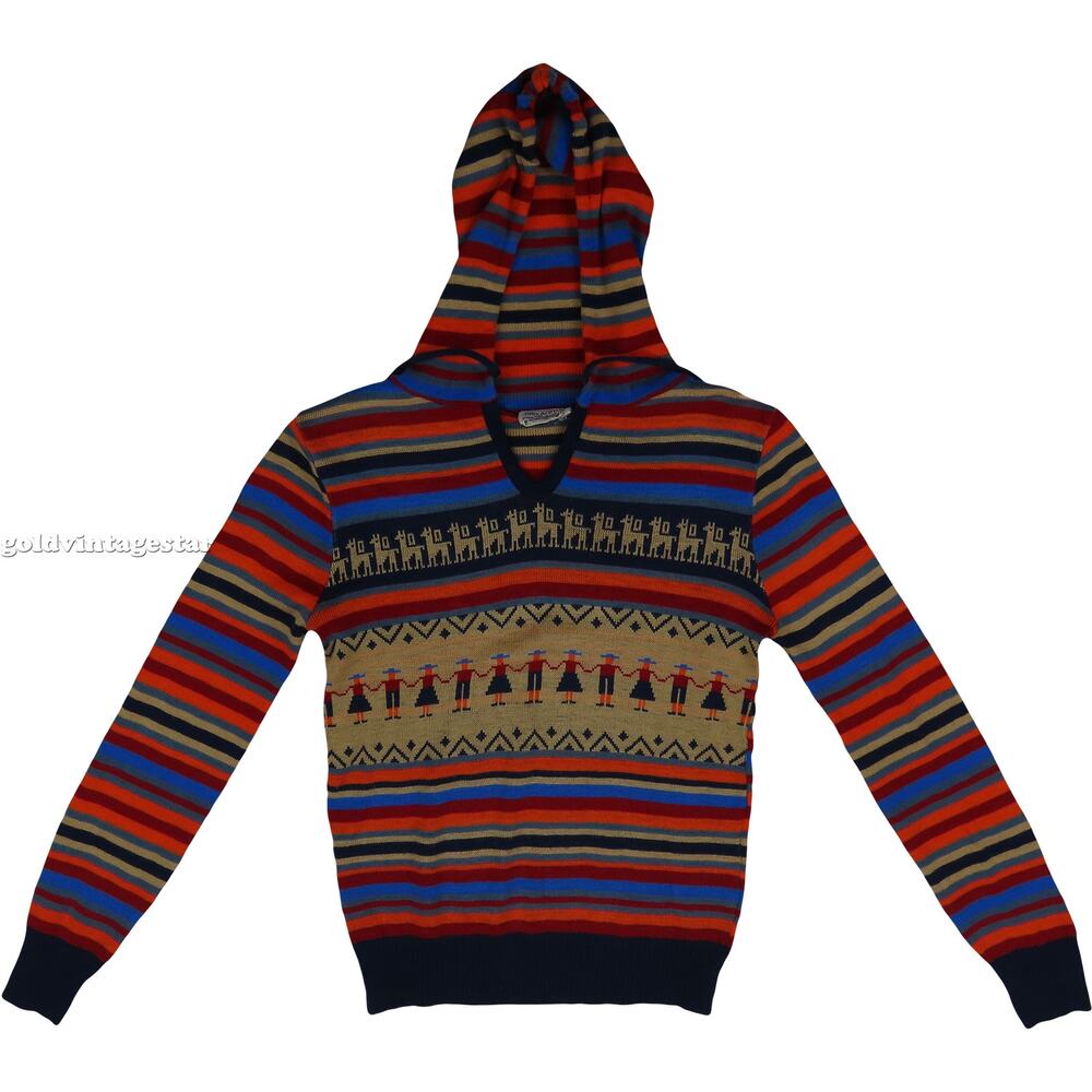 70s Vintage Knit Aztec Striped Hoodie Girls Folk Sweater 2XS